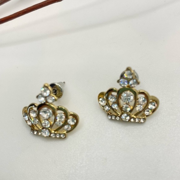 Queen Princess Crown Earrings Gold-Tone & Rhinestone Pierced Earrings - Picture 3 of 8